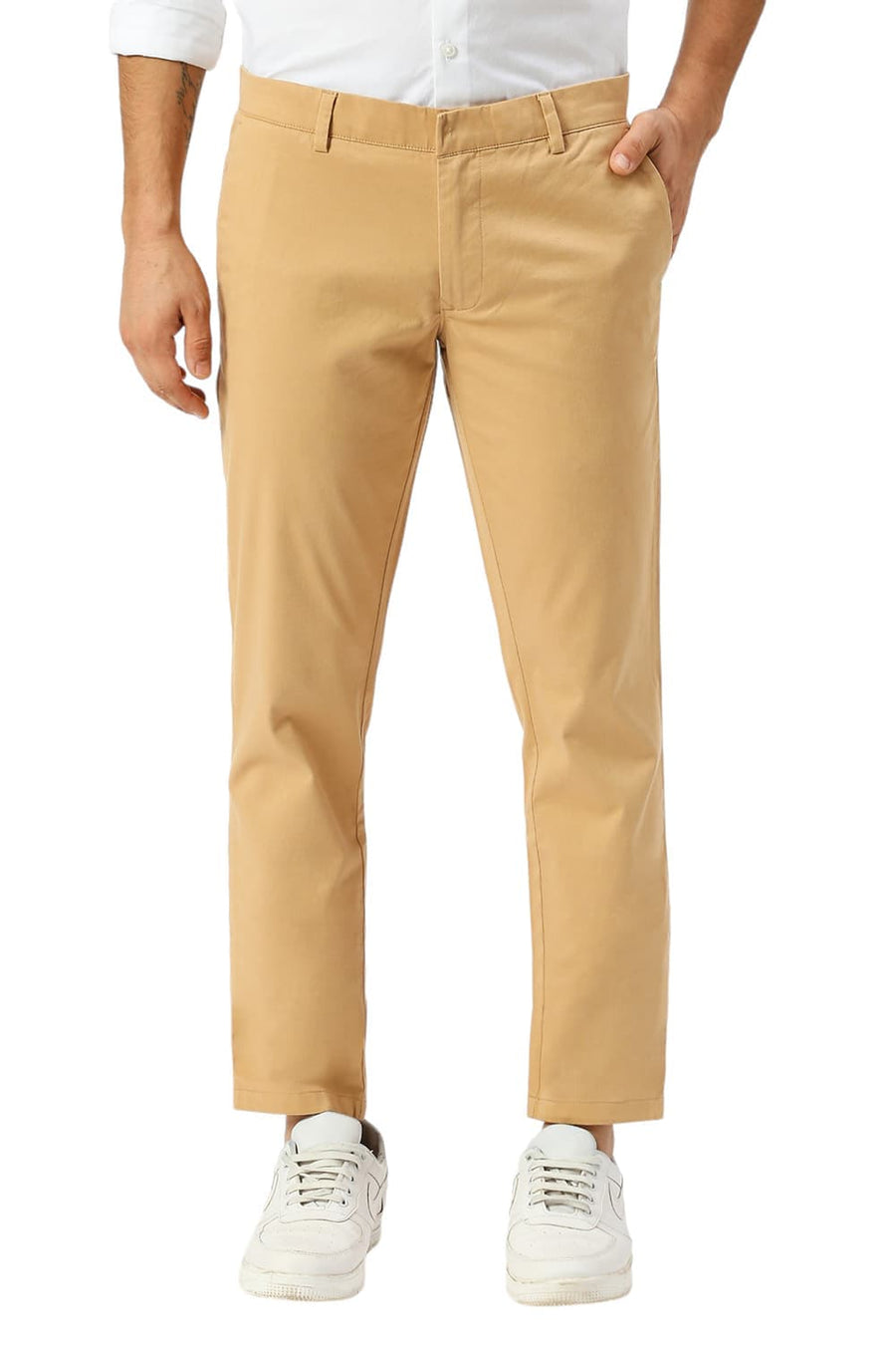BASICS TAPERED FIT CLAY KHAKI COTTON STRETCH PEACH TWILL TROUSERS