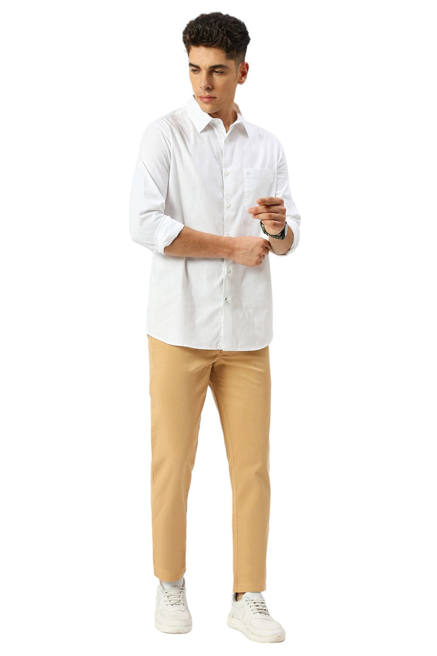BASICS TAPERED FIT CLAY KHAKI COTTON STRETCH PEACH TWILL TROUSERS