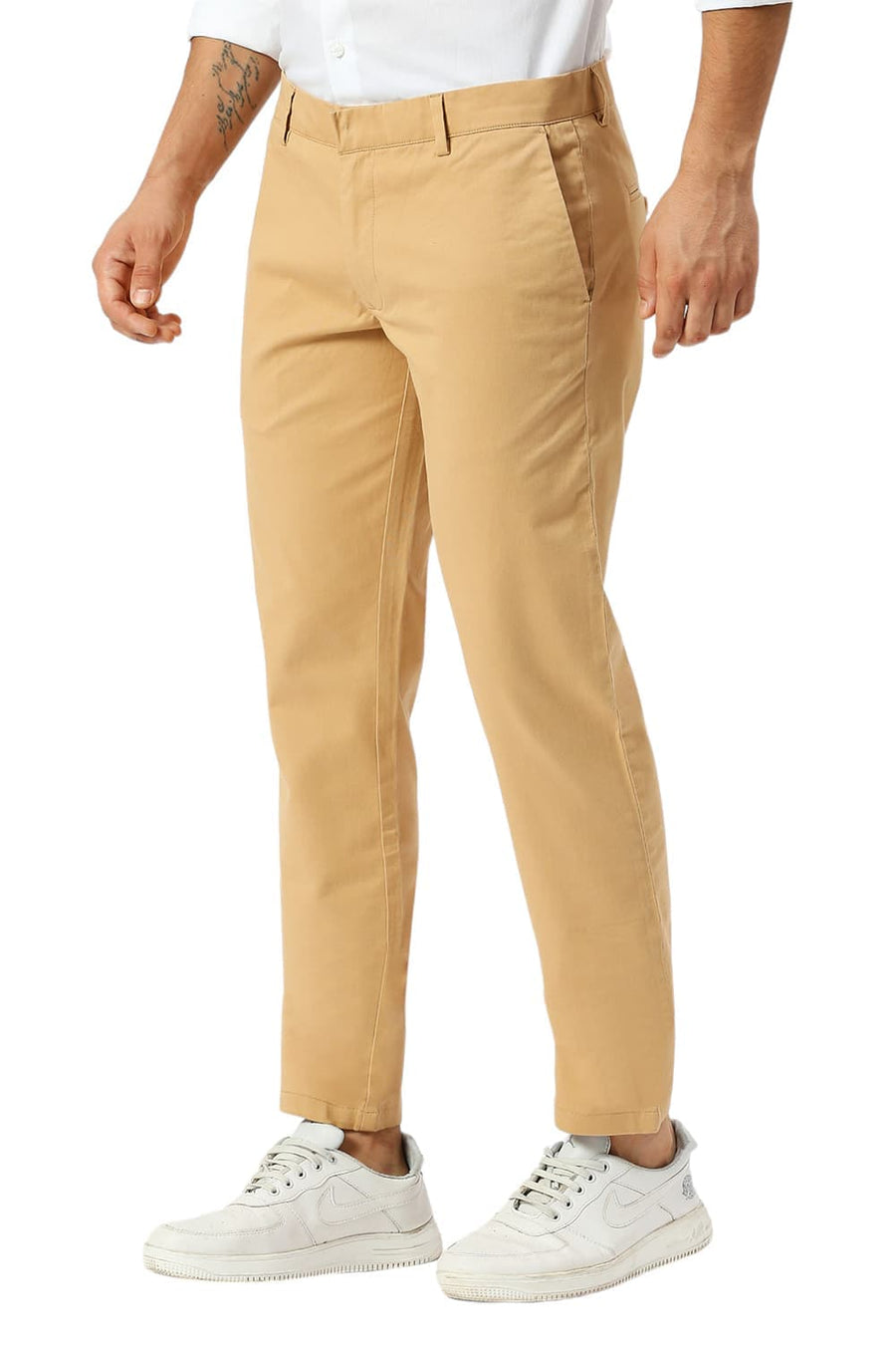 BASICS TAPERED FIT CLAY KHAKI COTTON STRETCH PEACH TWILL TROUSERS