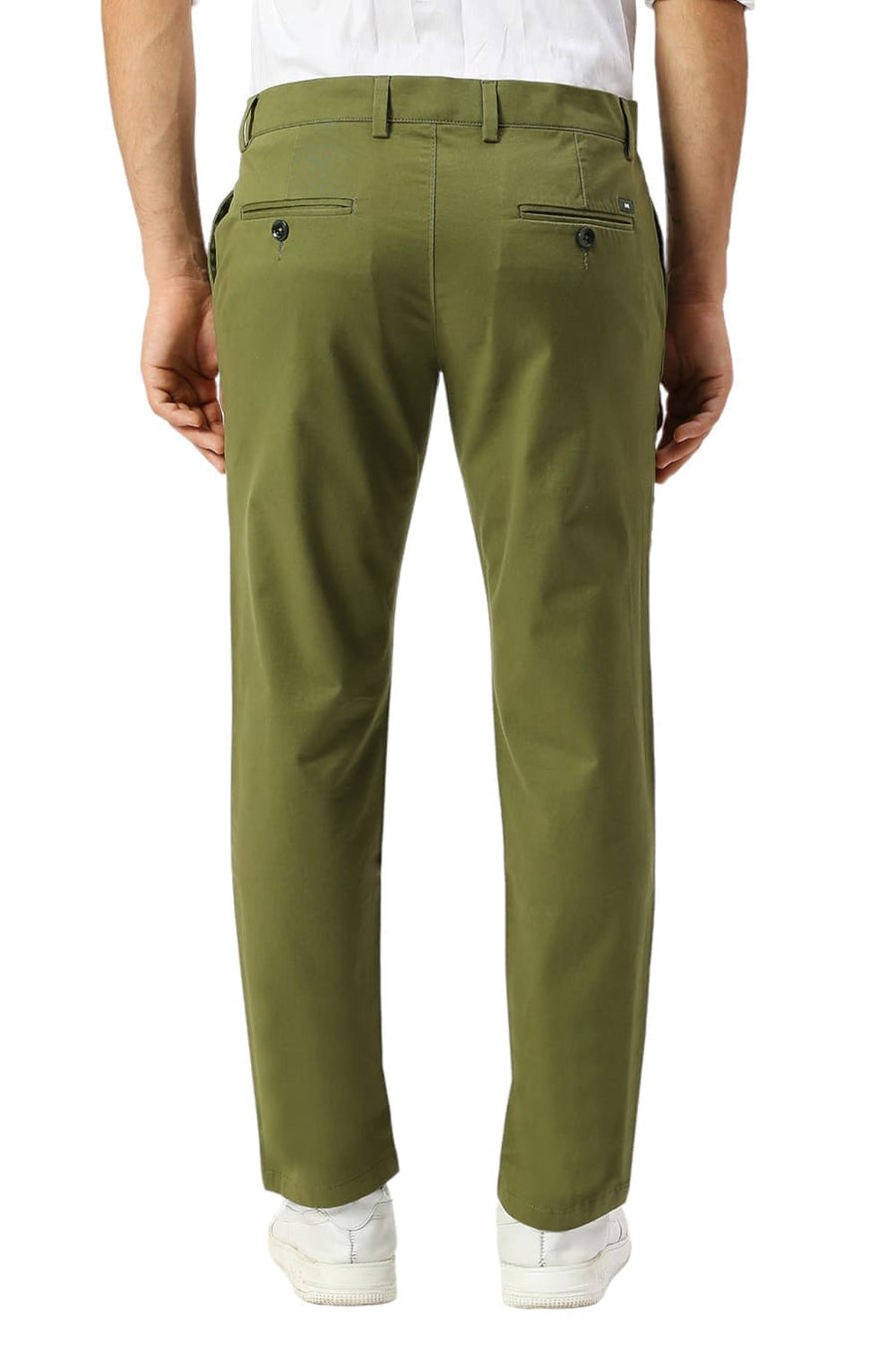 BASICS TAPERED FIT LODEN GREEN COTTON STRETCH PEACH TWILL TROUSERS