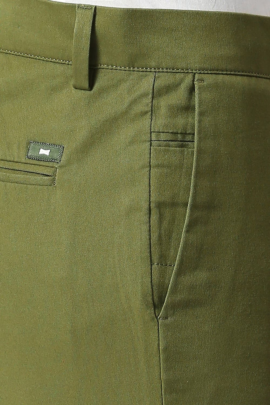 BASICS TAPERED FIT LODEN GREEN COTTON STRETCH PEACH TWILL TROUSERS