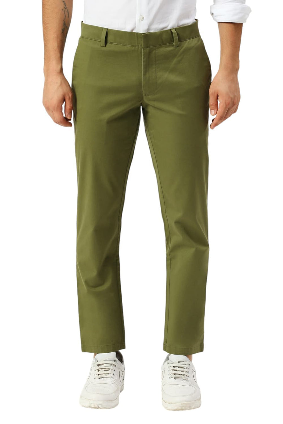BASICS TAPERED FIT LODEN GREEN COTTON STRETCH PEACH TWILL TROUSERS