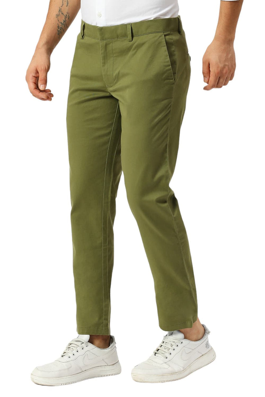 BASICS TAPERED FIT LODEN GREEN COTTON STRETCH PEACH TWILL TROUSERS