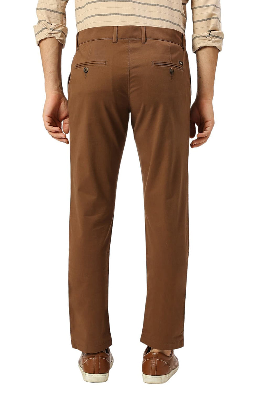BASICS TAPERED FIT COCOA BROWN COTTON STRETCH PEACH TWILL TROUSERS