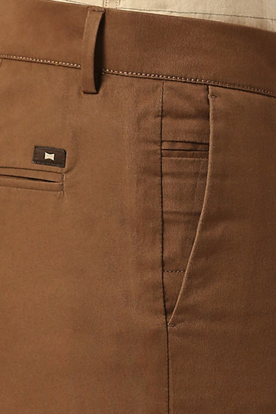 BASICS TAPERED FIT COCOA BROWN COTTON STRETCH PEACH TWILL TROUSERS