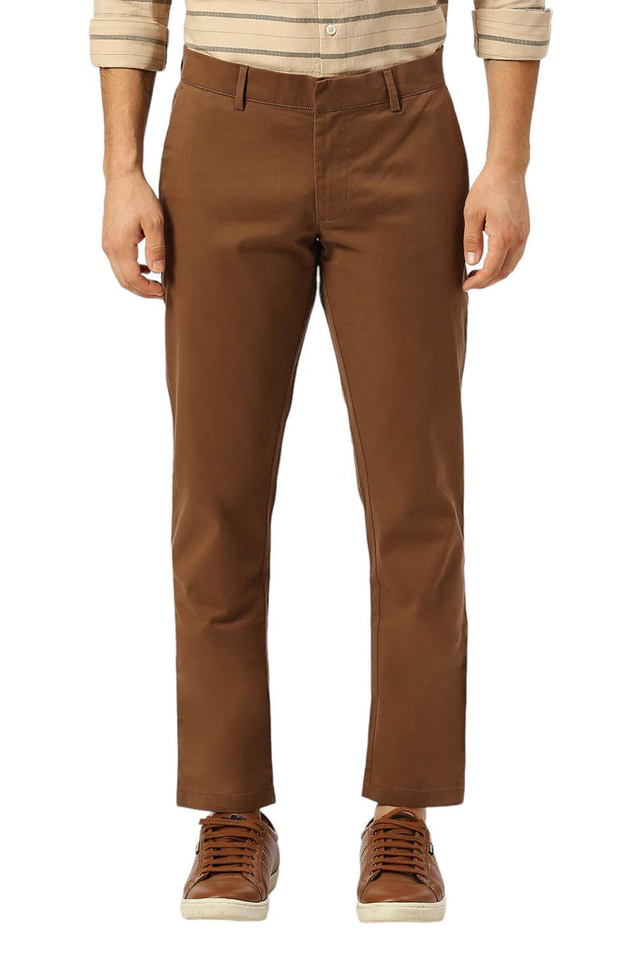 BASICS TAPERED FIT COCOA BROWN COTTON STRETCH PEACH TWILL TROUSERS