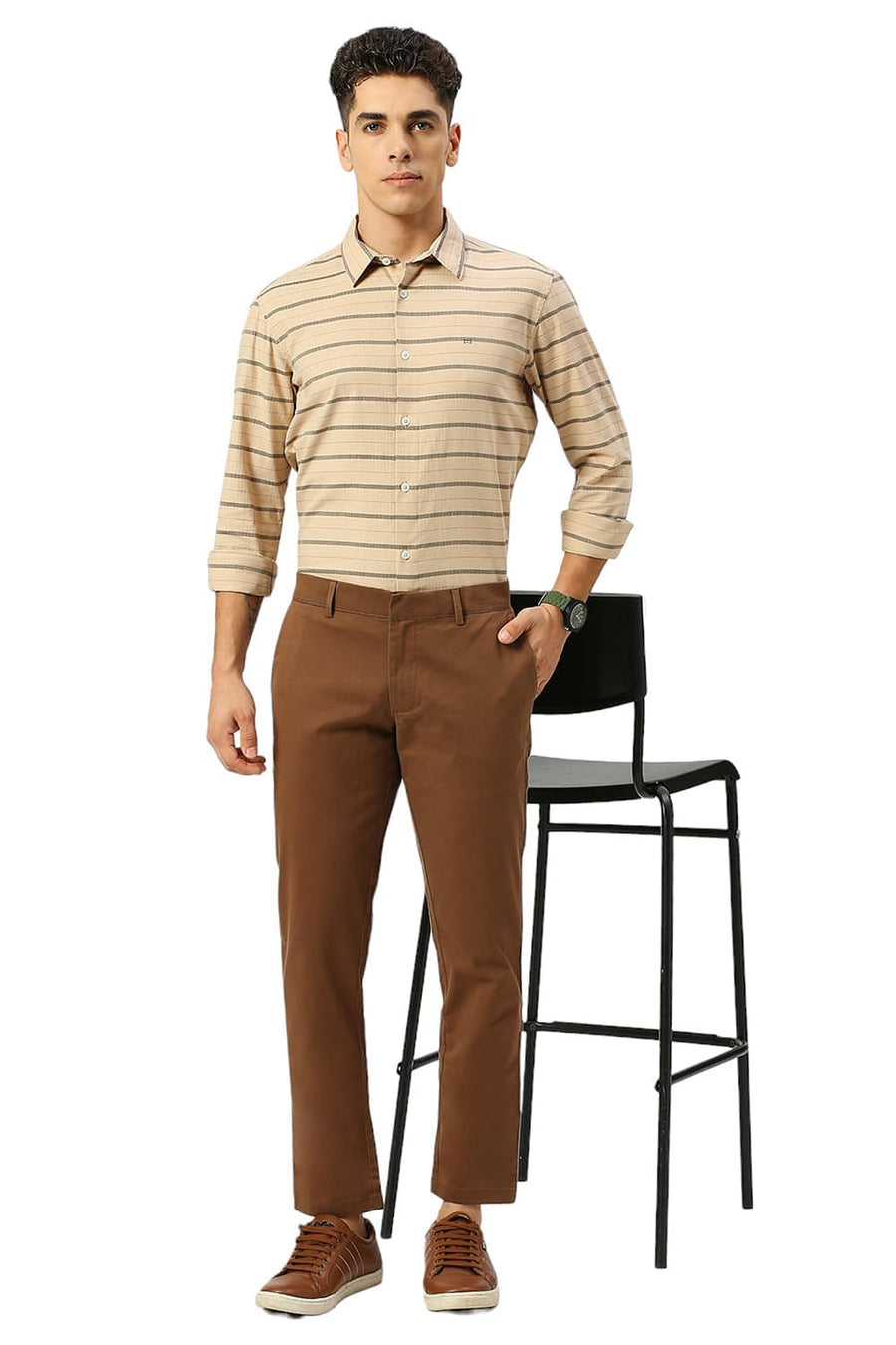BASICS TAPERED FIT COCOA BROWN COTTON STRETCH PEACH TWILL TROUSERS