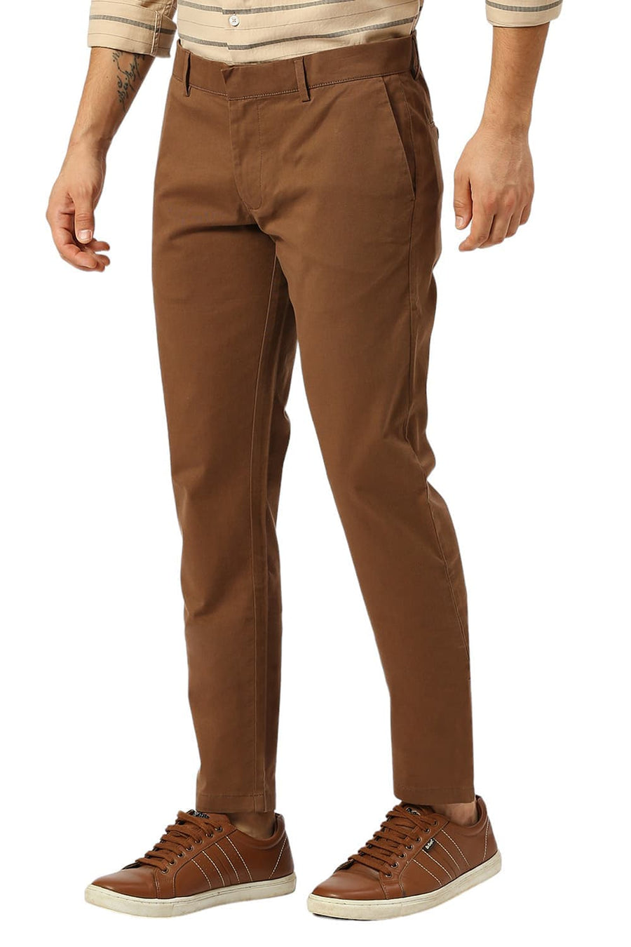 BASICS TAPERED FIT COCOA BROWN COTTON STRETCH PEACH TWILL TROUSERS