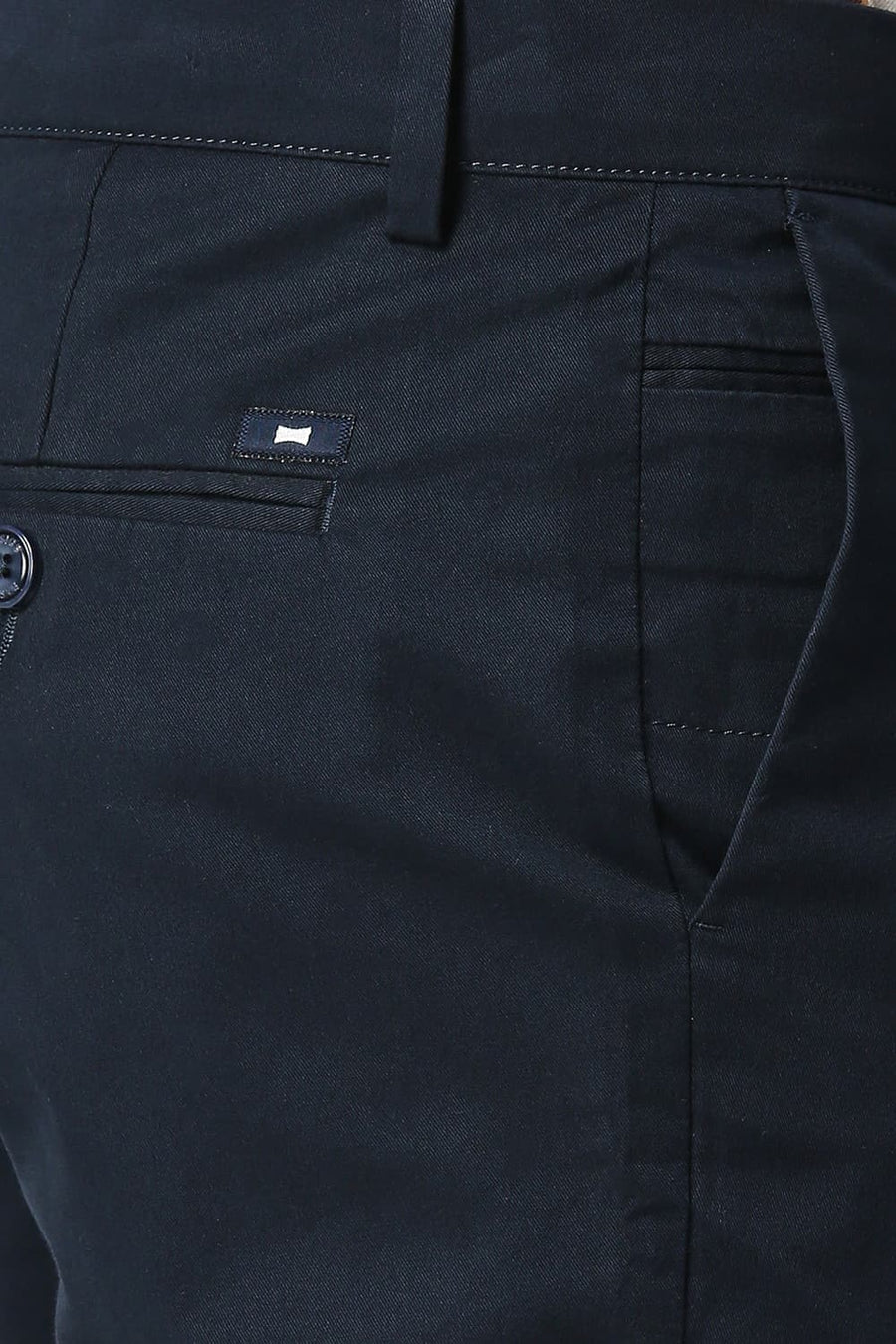 BASICS TAPERED FIT INSIGNIA NAVY COTTON STRETCH PEACH TWILL TROUSERS