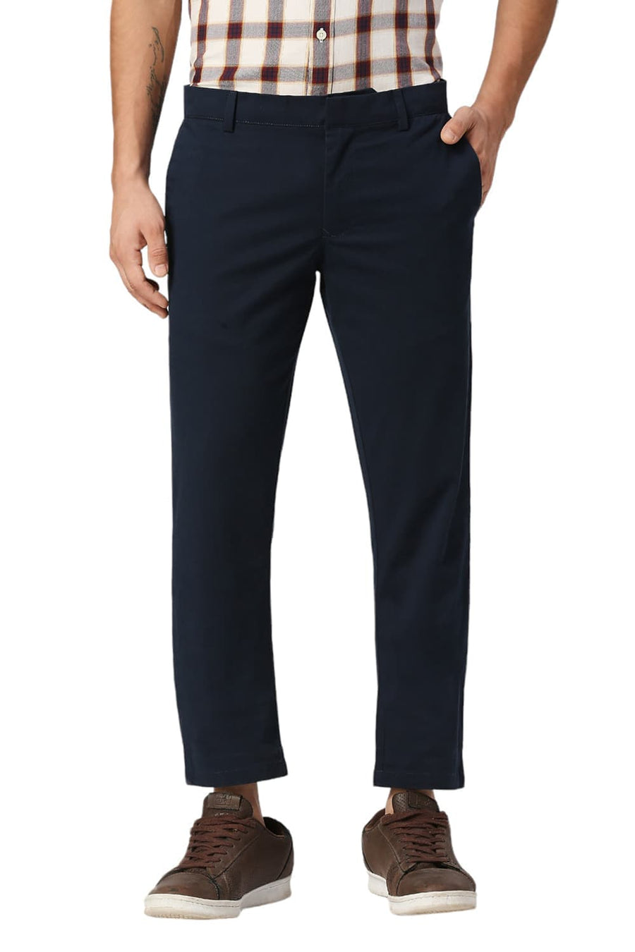 BASICS TAPERED FIT INSIGNIA NAVY COTTON STRETCH PEACH TWILL TROUSERS