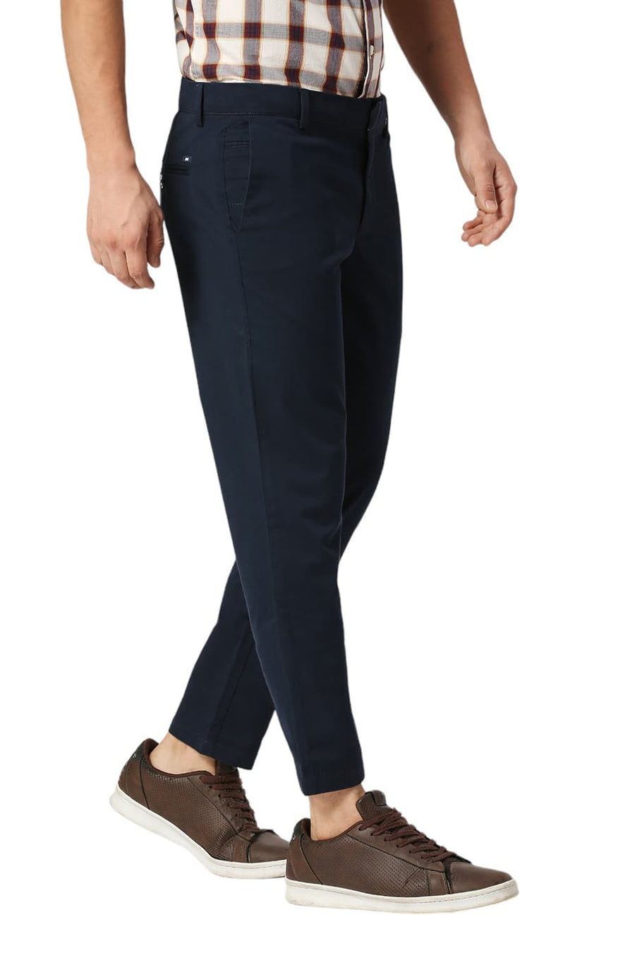 BASICS TAPERED FIT INSIGNIA NAVY COTTON STRETCH PEACH TWILL TROUSERS