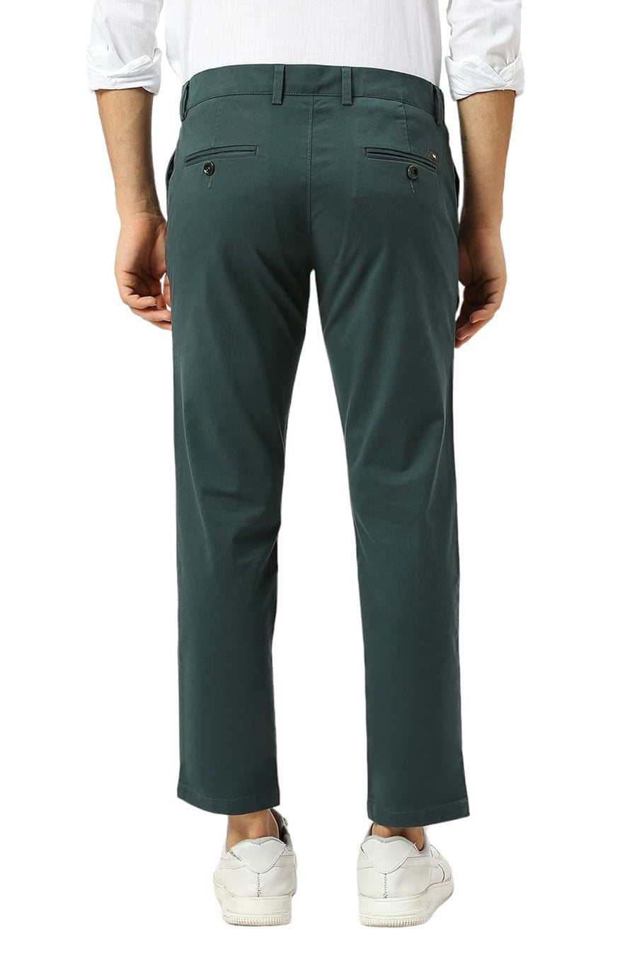 BASICS TAPERED FIT FOREST TURQUOISE COTTON STRETCH PEACH TWILL TROUSERS