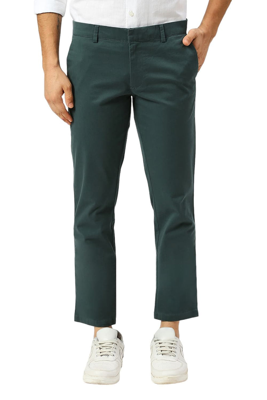 BASICS TAPERED FIT FOREST TURQUOISE COTTON STRETCH PEACH TWILL TROUSERS