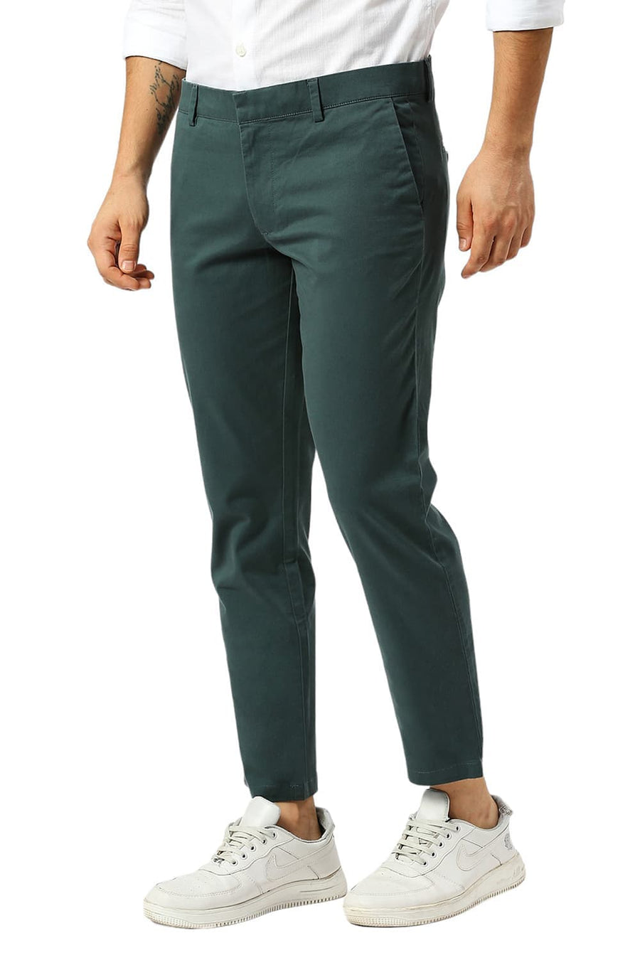 BASICS TAPERED FIT FOREST TURQUOISE COTTON STRETCH PEACH TWILL TROUSERS