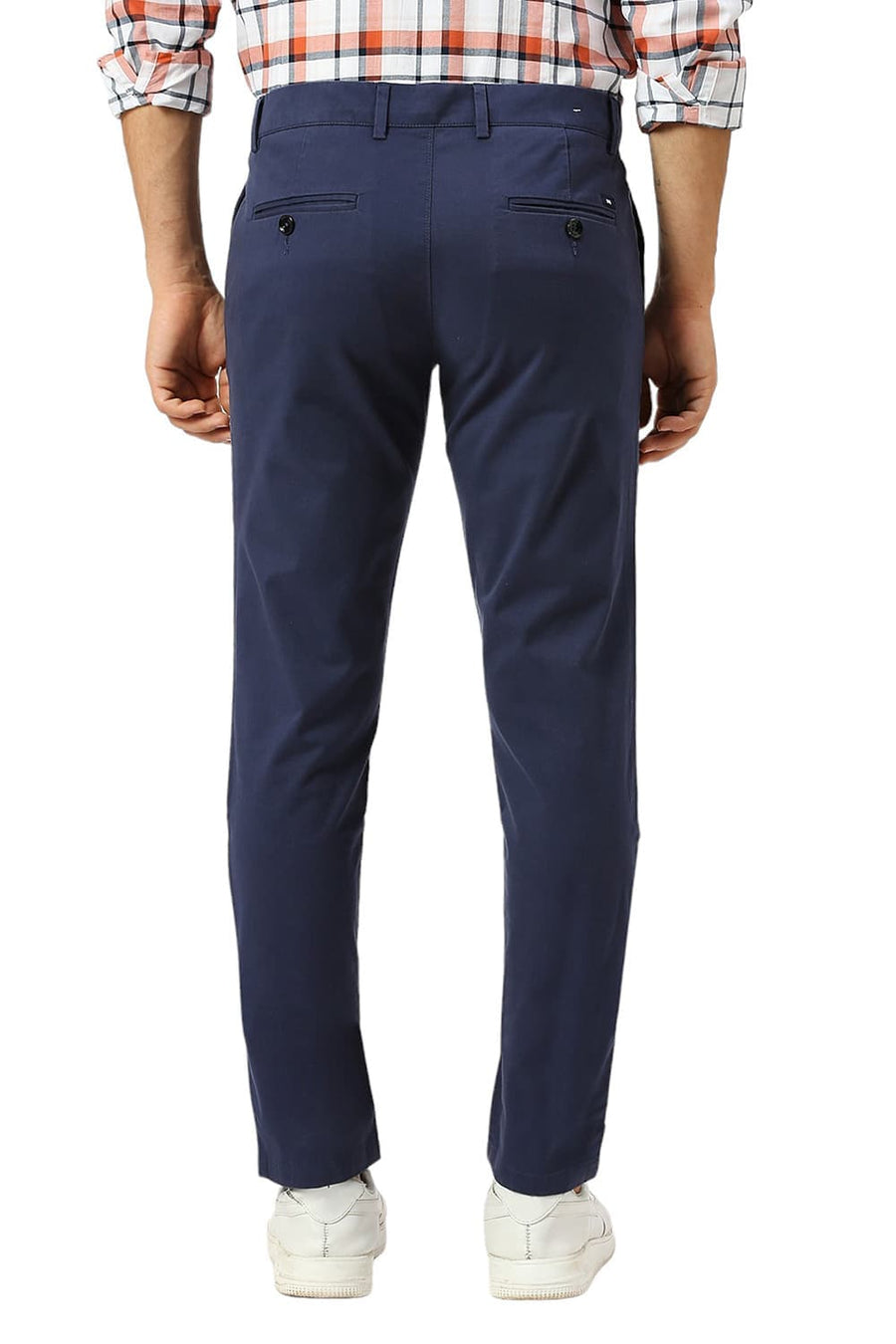BASICS TAPERED FIT SPACE BLUE COTTON STRETCH PEACH TWILL TROUSERS