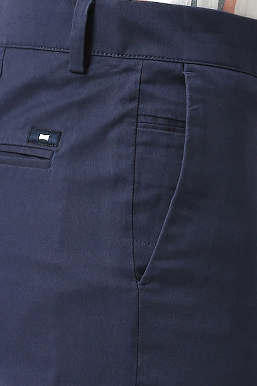 BASICS TAPERED FIT SPACE BLUE COTTON STRETCH PEACH TWILL TROUSERS