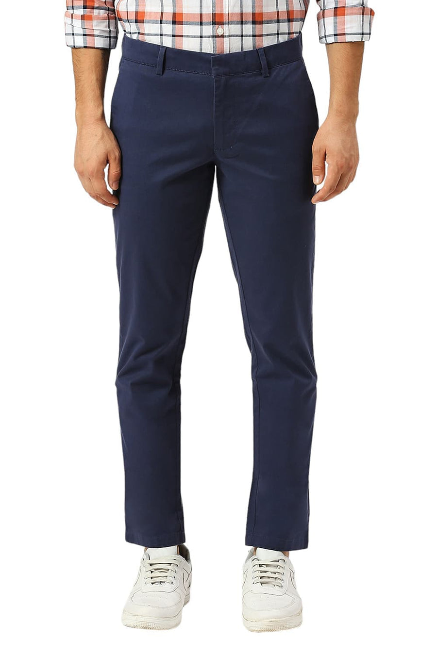 BASICS TAPERED FIT SPACE BLUE COTTON STRETCH PEACH TWILL TROUSERS