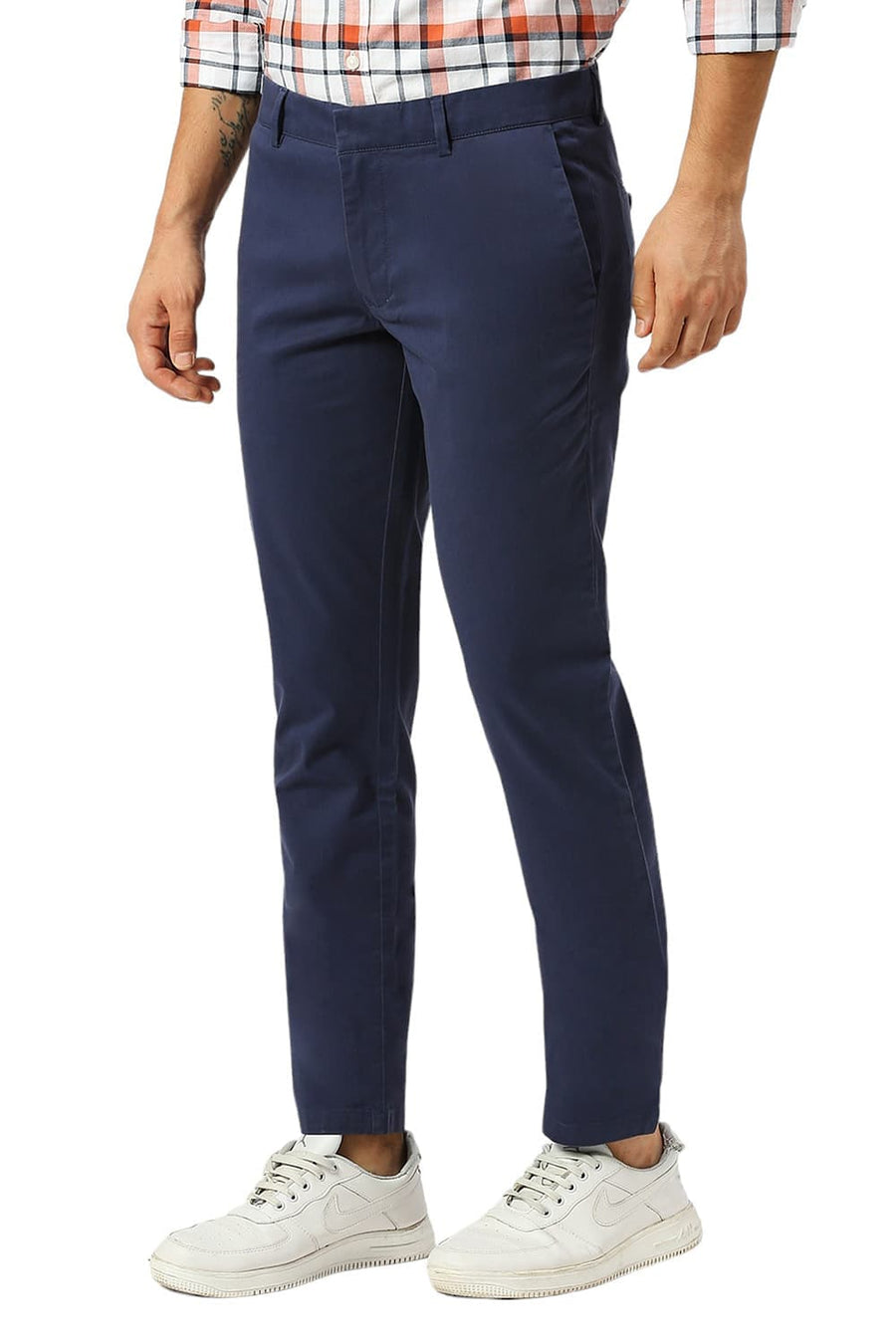BASICS TAPERED FIT SPACE BLUE COTTON STRETCH PEACH TWILL TROUSERS