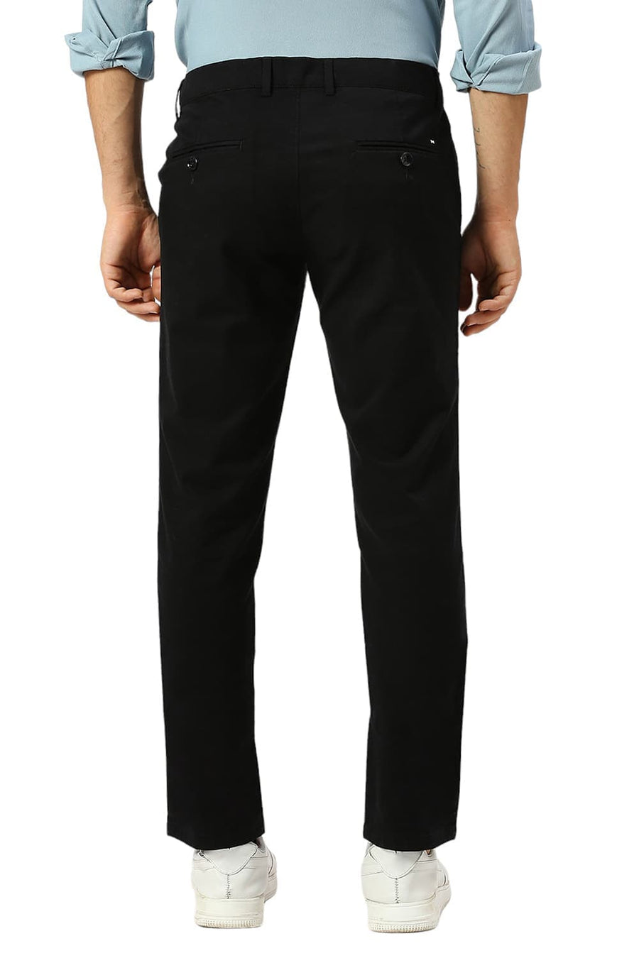 BASICS TAPERED FIT CAVIAR BLACK COTTON STRETCH PEACH TWILL TROUSERS