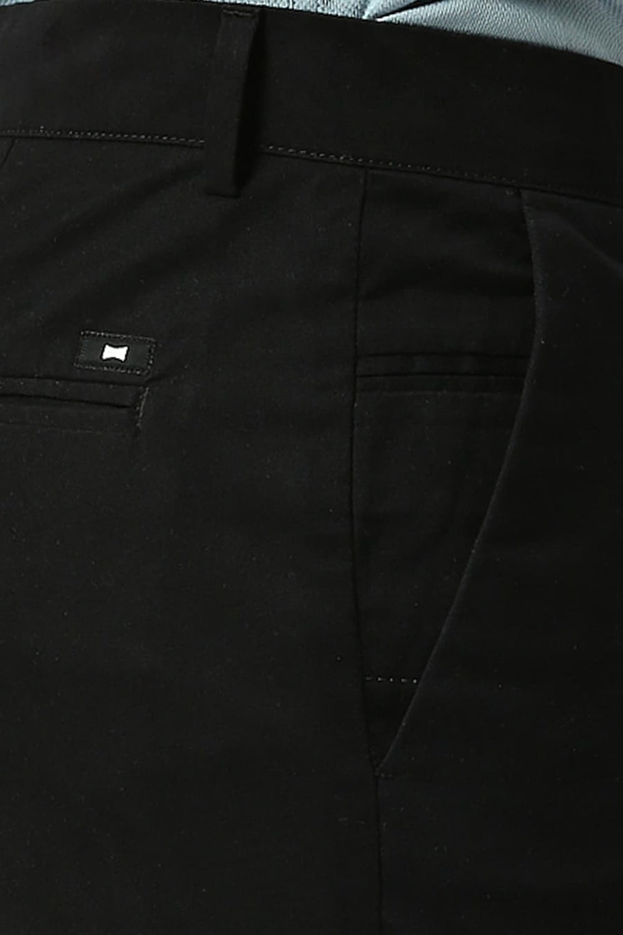 BASICS TAPERED FIT CAVIAR BLACK COTTON STRETCH PEACH TWILL TROUSERS