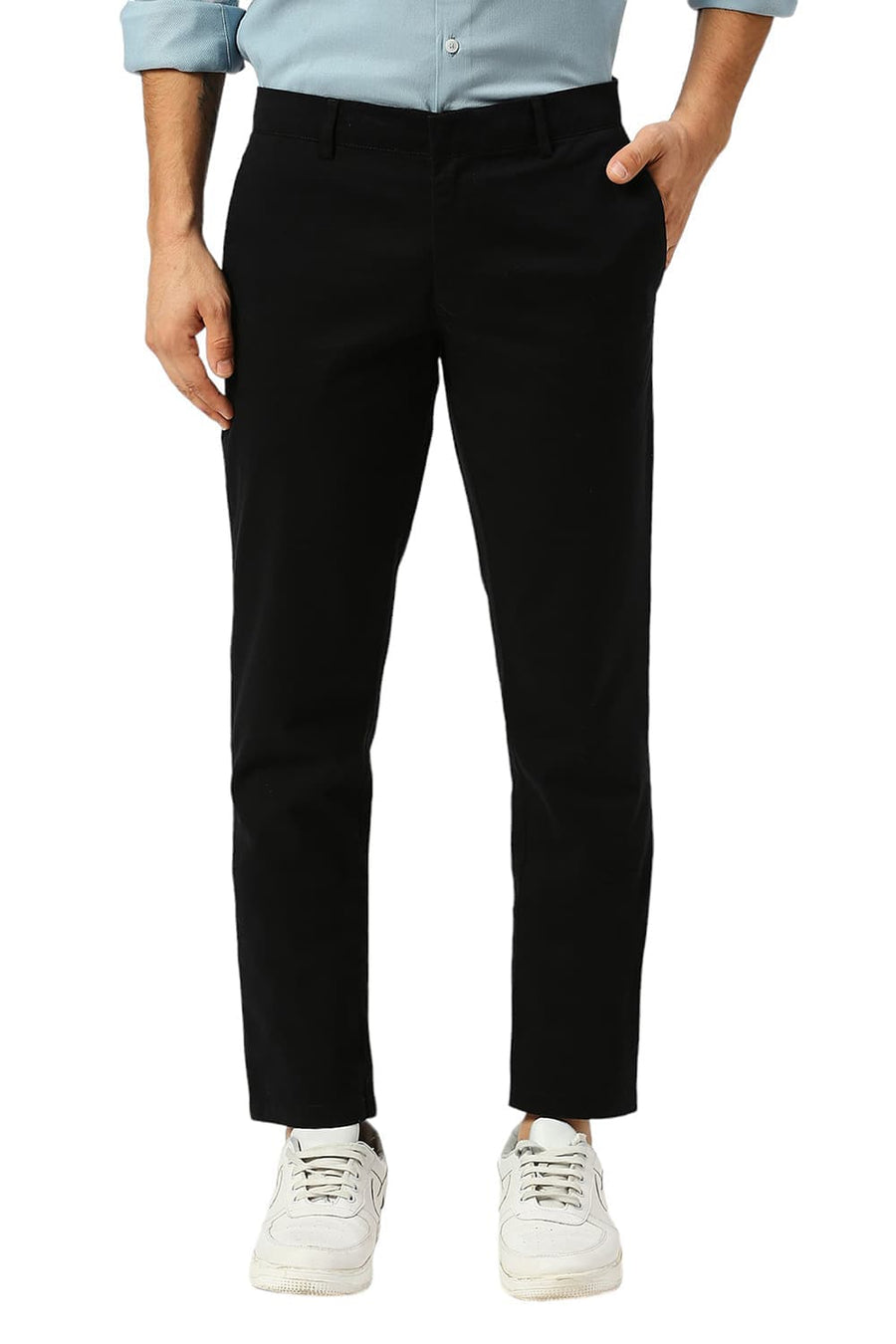 BASICS TAPERED FIT CAVIAR BLACK COTTON STRETCH PEACH TWILL TROUSERS