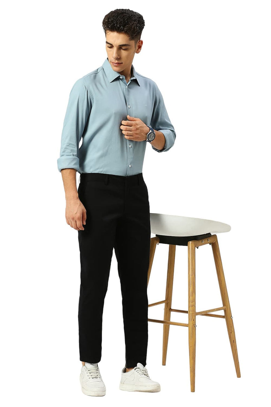 BASICS TAPERED FIT CAVIAR BLACK COTTON STRETCH PEACH TWILL TROUSERS