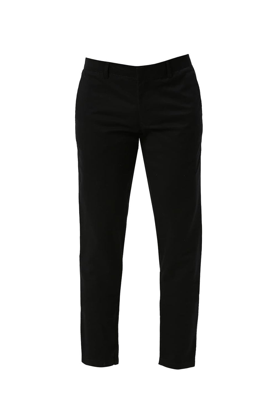 BASICS TAPERED FIT CAVIAR BLACK COTTON STRETCH PEACH TWILL TROUSERS