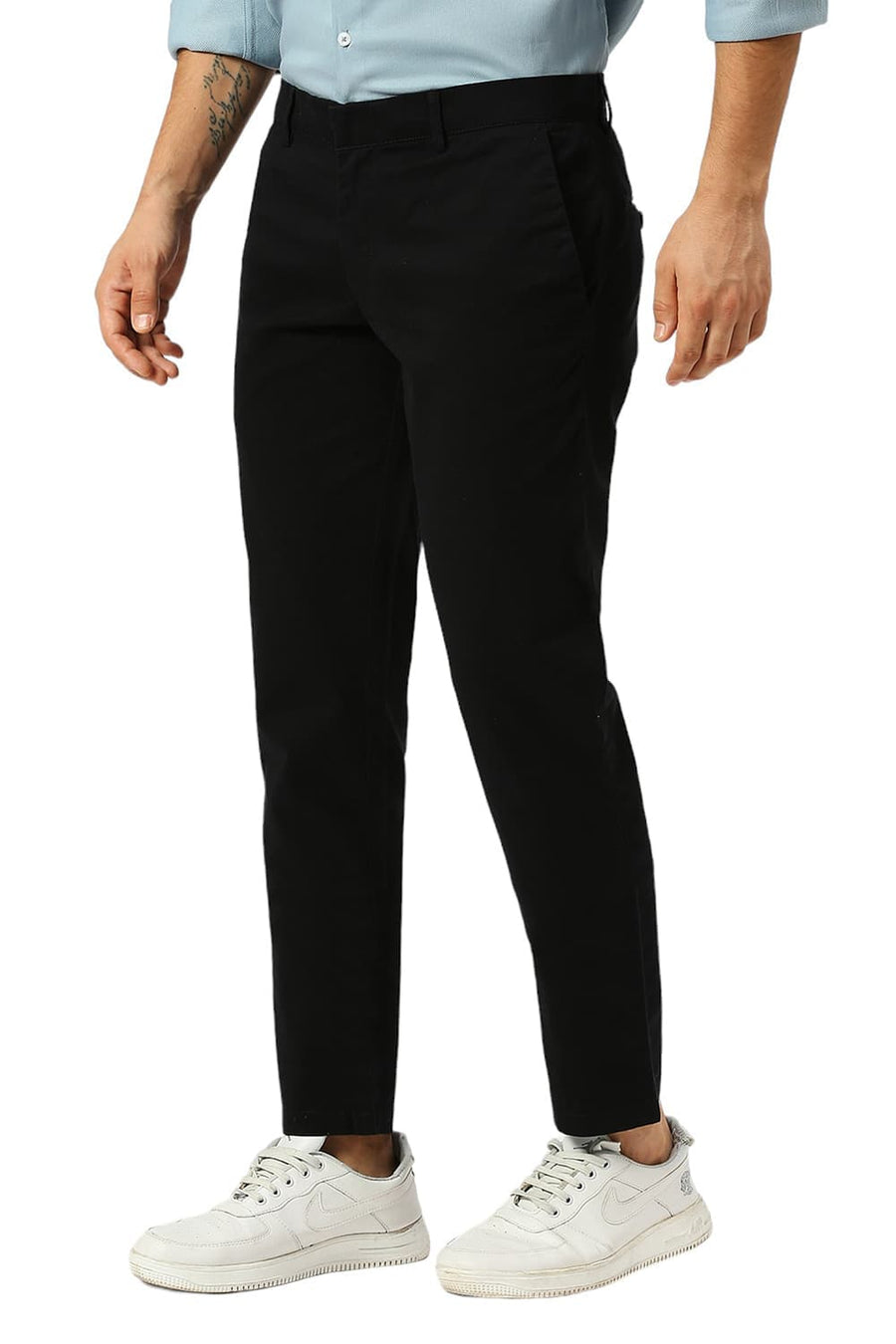 BASICS TAPERED FIT CAVIAR BLACK COTTON STRETCH PEACH TWILL TROUSERS