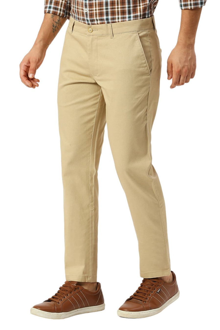 BASICS TAPERED FIT INCENSE KHAKI COTTON STRETCH DOBBY TROUSERS