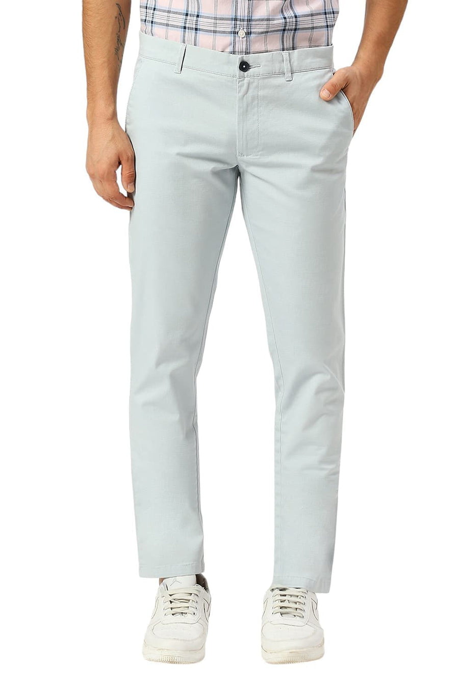 BASICS TAPERED FIT PEARL BLUE COTTON STRETCH DOBBY TROUSERS