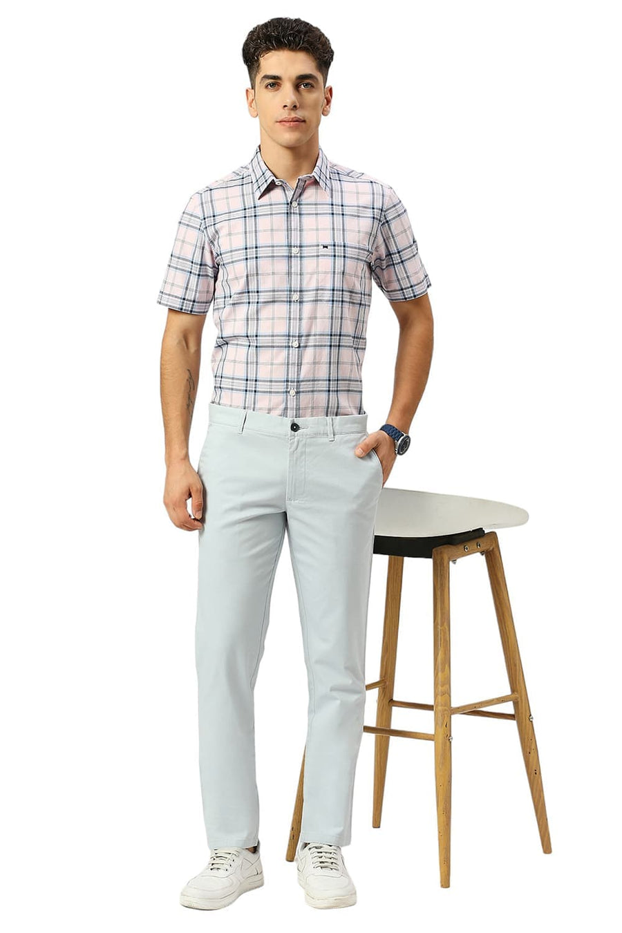 BASICS TAPERED FIT PEARL BLUE COTTON STRETCH DOBBY TROUSERS