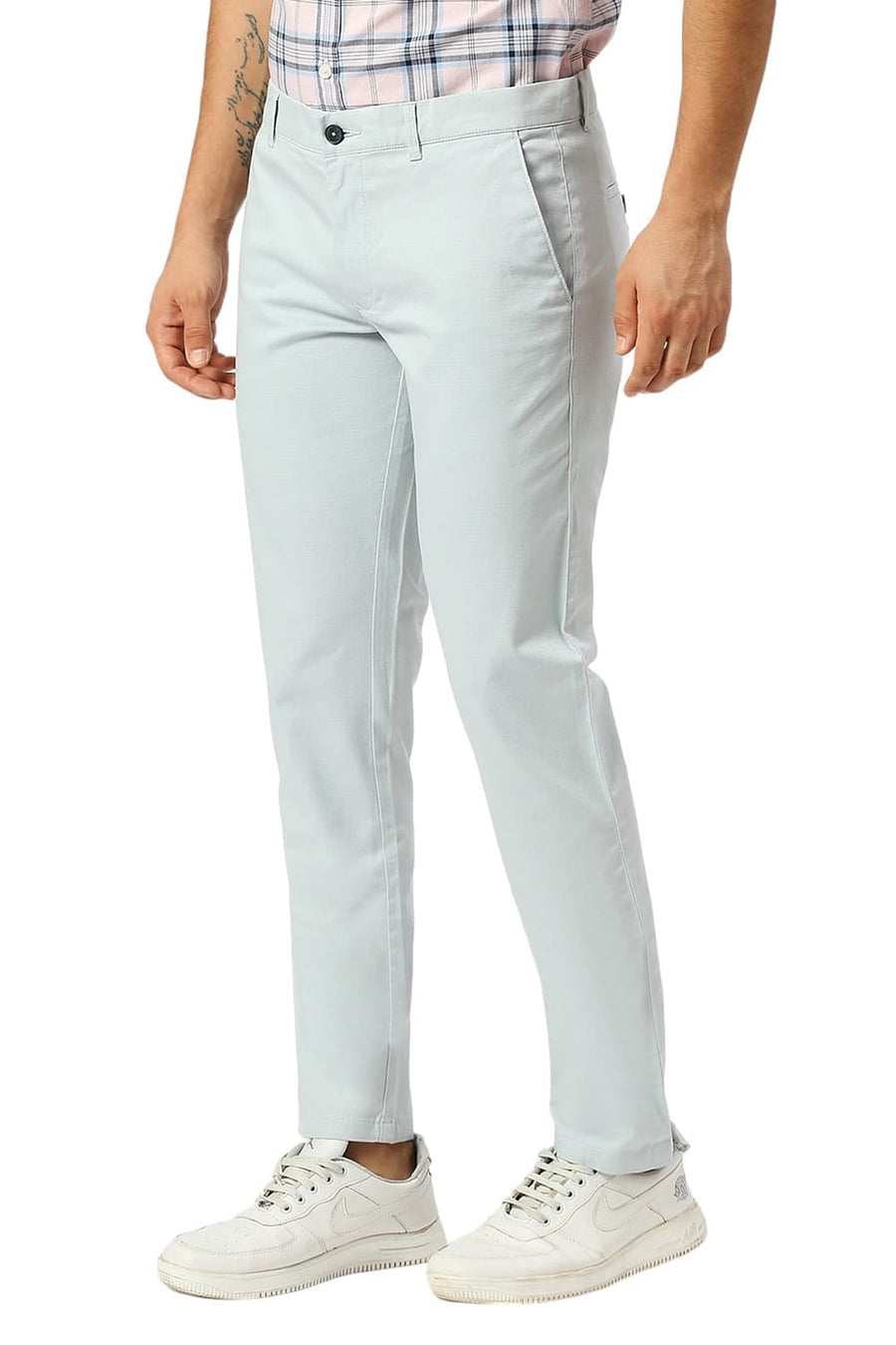 BASICS TAPERED FIT PEARL BLUE COTTON STRETCH DOBBY TROUSERS