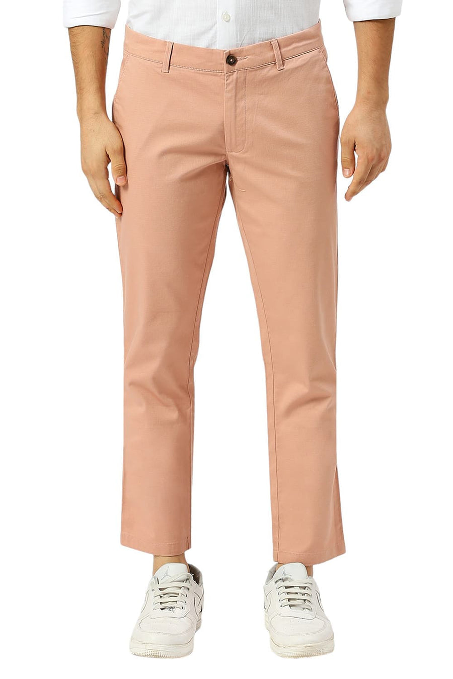 BASICS TAPERED FIT CLAY PINK COTTON STRETCH DOBBY TROUSERS