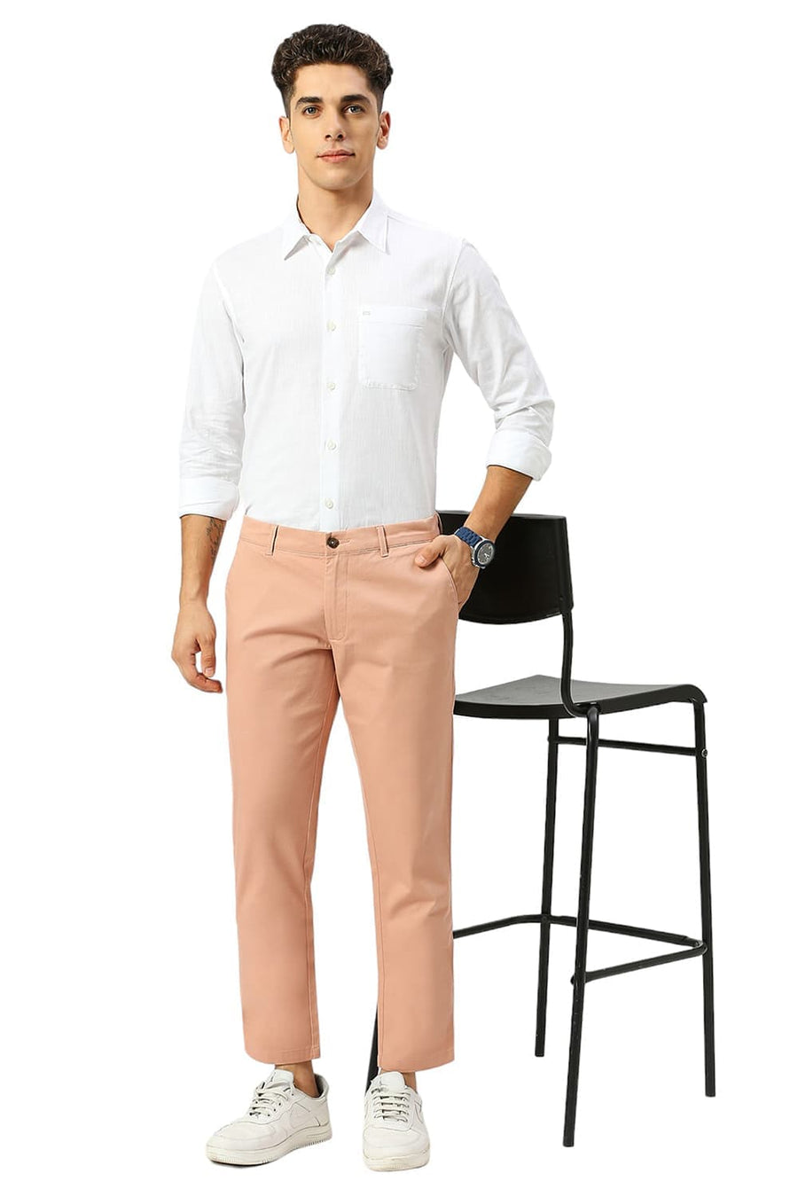 BASICS TAPERED FIT CLAY PINK COTTON STRETCH DOBBY TROUSERS
