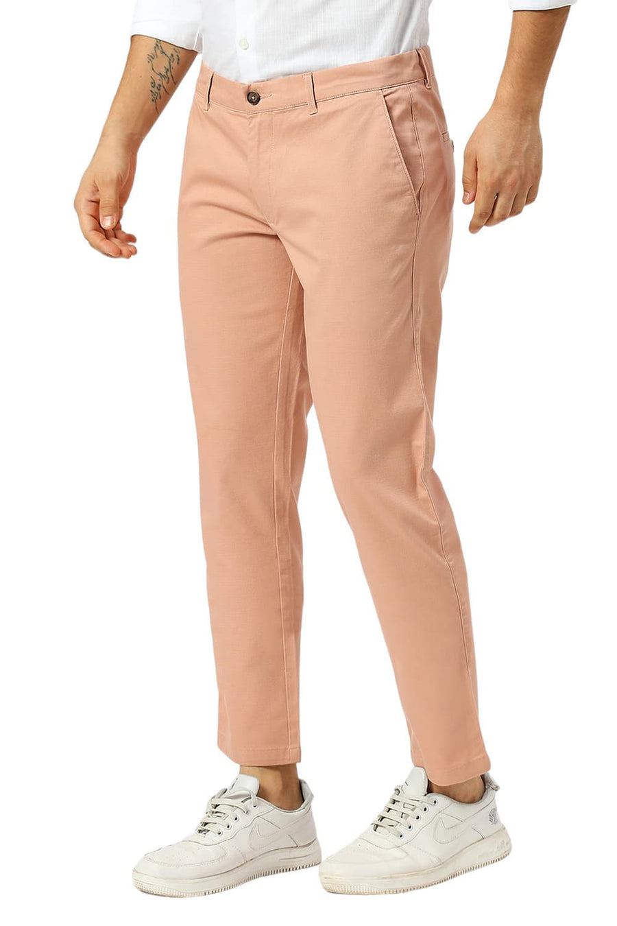 BASICS TAPERED FIT CLAY PINK COTTON STRETCH DOBBY TROUSERS