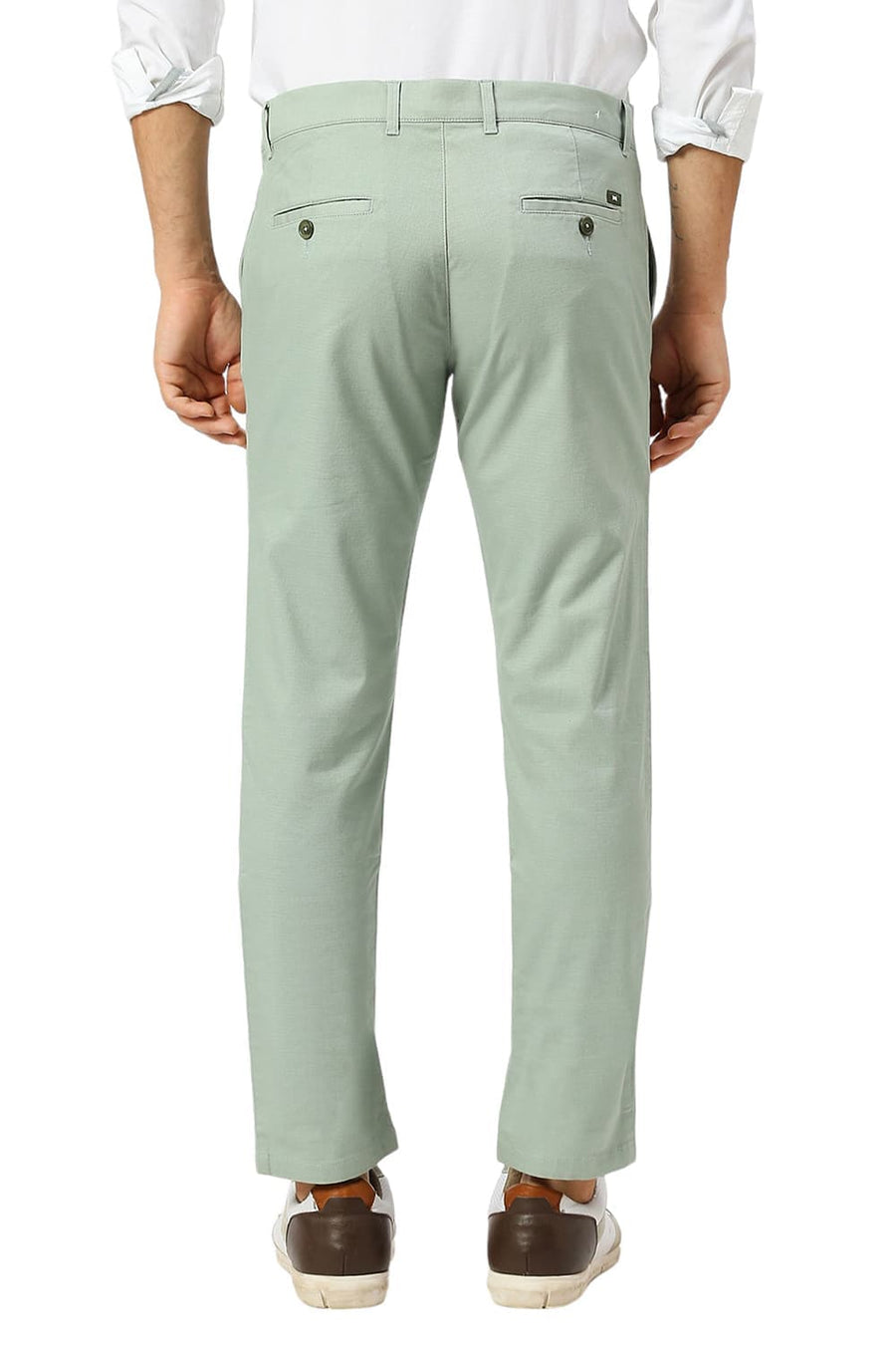 BASICS TAPERED FIT TRELLIS GREEN COTTON STRETCH DOBBY TROUSERS