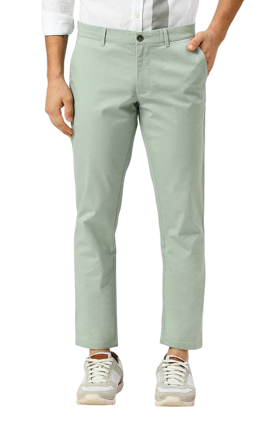 BASICS TAPERED FIT TRELLIS GREEN COTTON STRETCH DOBBY TROUSERS