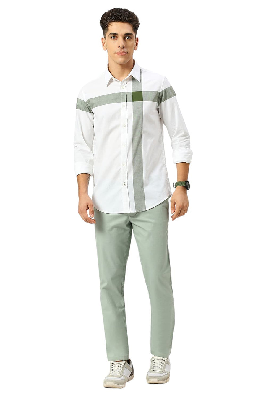 BASICS TAPERED FIT TRELLIS GREEN COTTON STRETCH DOBBY TROUSERS