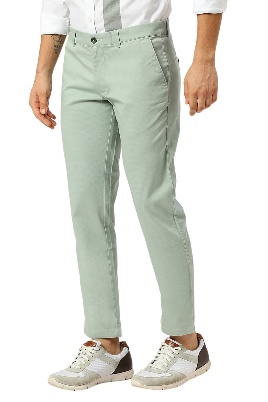 BASICS TAPERED FIT TRELLIS GREEN COTTON STRETCH DOBBY TROUSERS