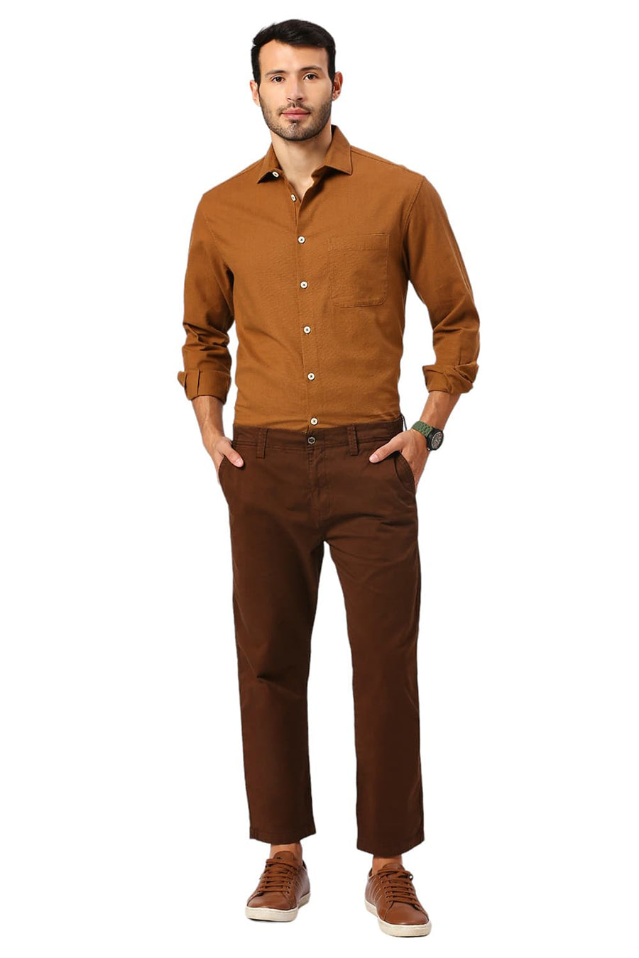 BASICS DRIFT FIT CHESTNUT BROWN COTTON STRETCH PEACH TWILL TROUSERS