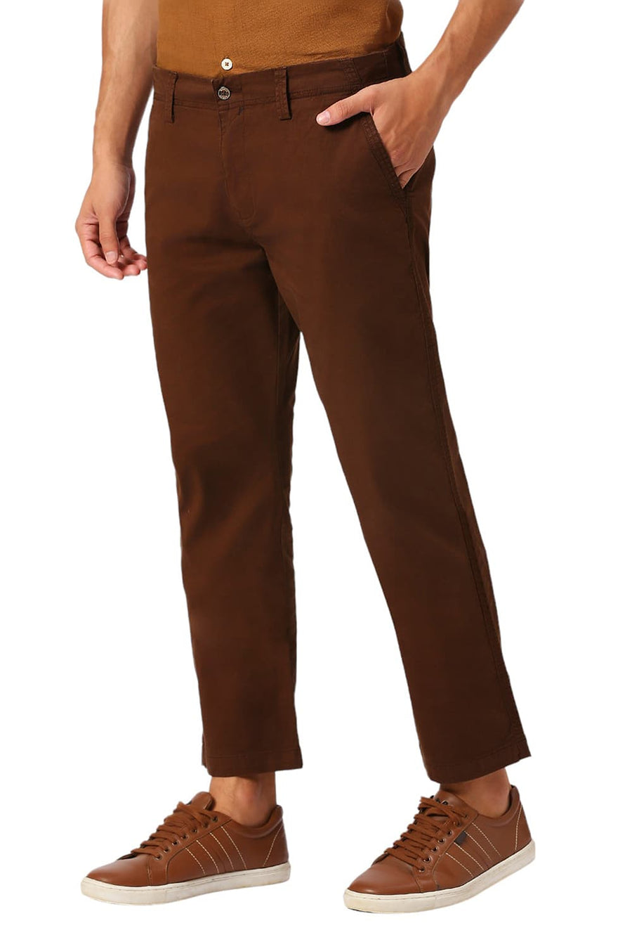 BASICS DRIFT FIT CHESTNUT BROWN COTTON STRETCH PEACH TWILL TROUSERS