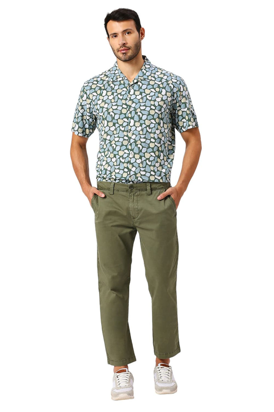 BASICS DRIFT FIT LICHEN OLIVE COTTON STRETCH PEACH TWILL TROUSERS