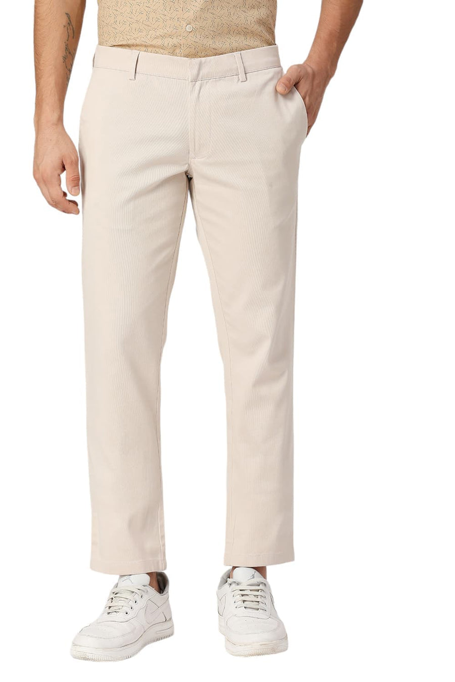 BASICS TAPERED FIT TAPIOCA BEIGE COTTON STRETCH DOBBY TROUSERS