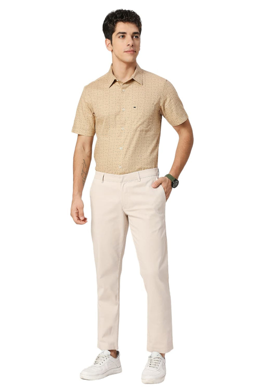 BASICS TAPERED FIT TAPIOCA BEIGE COTTON STRETCH DOBBY TROUSERS