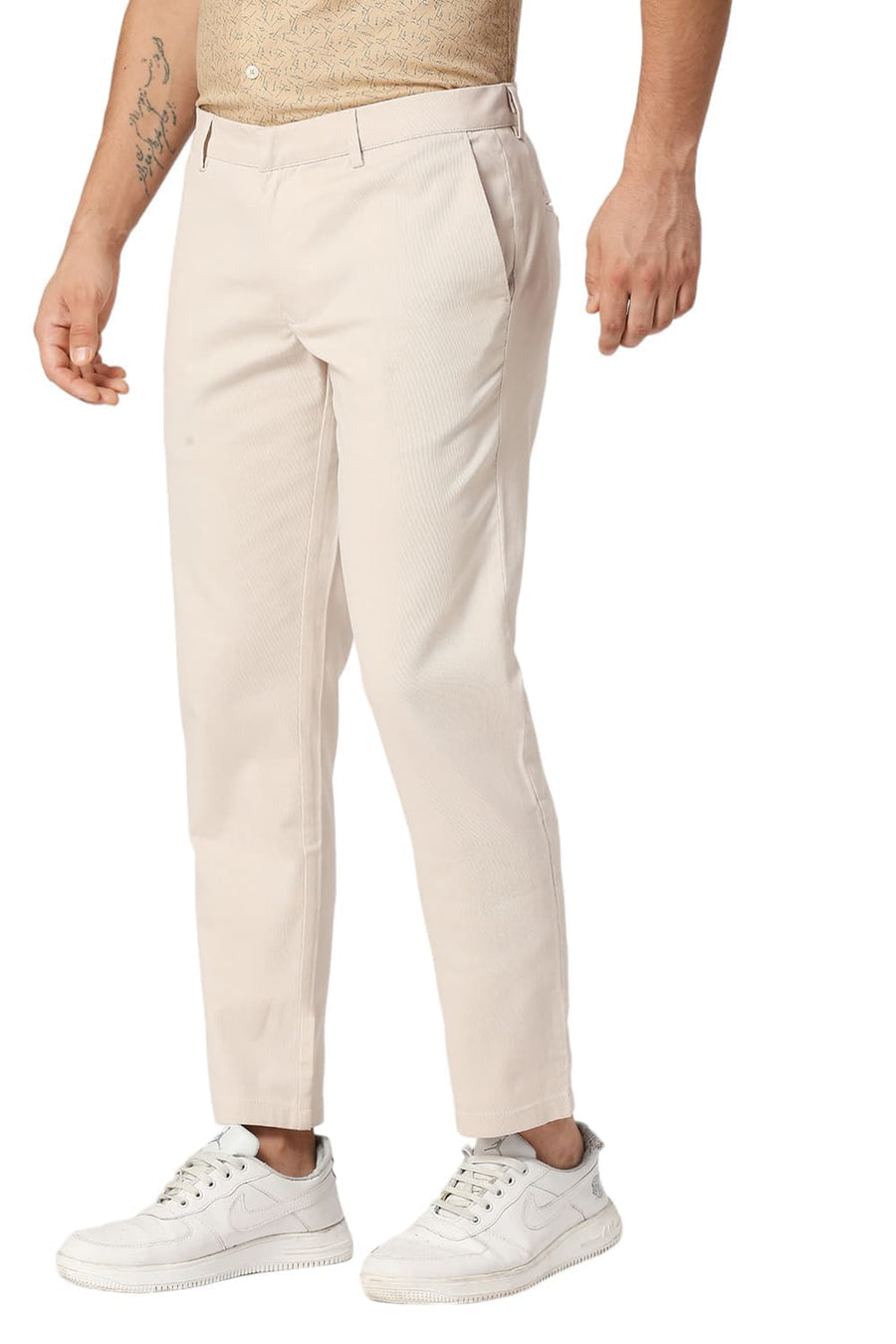 BASICS TAPERED FIT TAPIOCA BEIGE COTTON STRETCH DOBBY TROUSERS