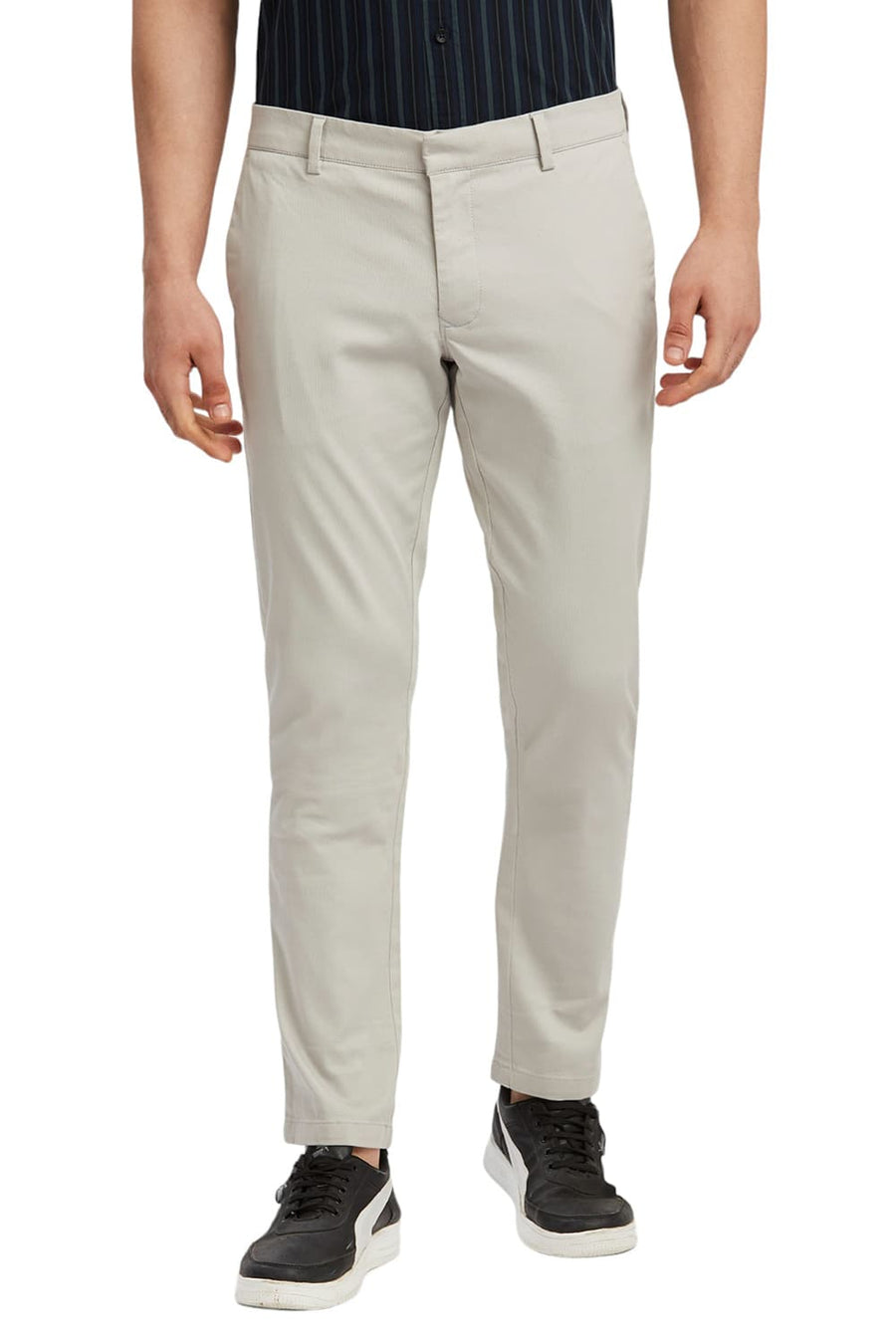 BASICS TAPERED FIT DOVE LIGHT GREY COTTON STRETCH DOBBY TROUSERS