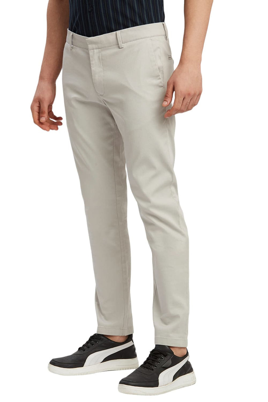 BASICS TAPERED FIT DOVE LIGHT GREY COTTON STRETCH DOBBY TROUSERS