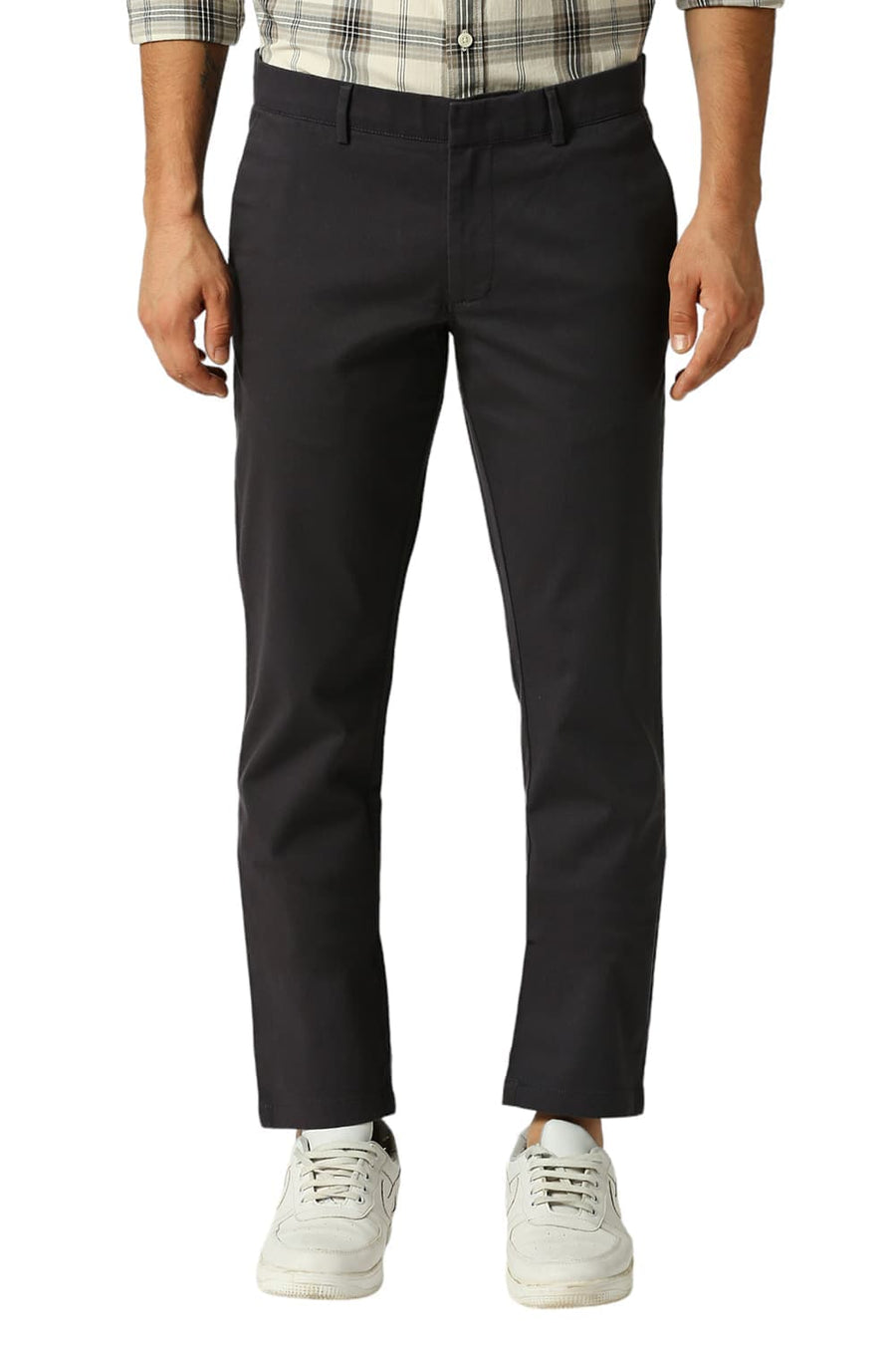 BASICS TAPERED FIT ASHPHALT DARK GREY COTTON STRETCH DOBBY TROUSERS