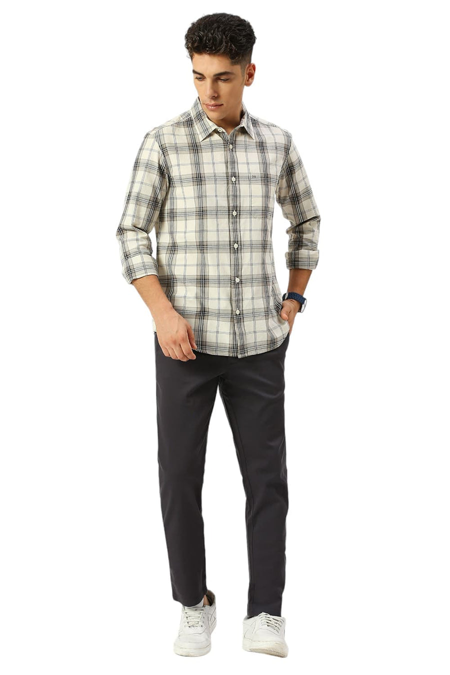BASICS TAPERED FIT ASHPHALT DARK GREY COTTON STRETCH DOBBY TROUSERS