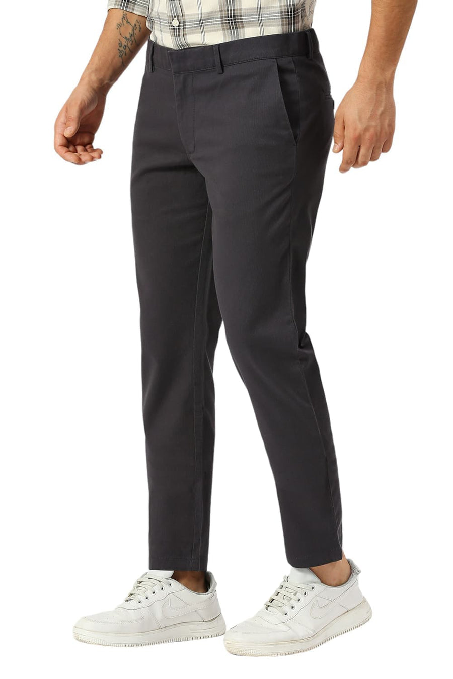 BASICS TAPERED FIT ASHPHALT DARK GREY COTTON STRETCH DOBBY TROUSERS